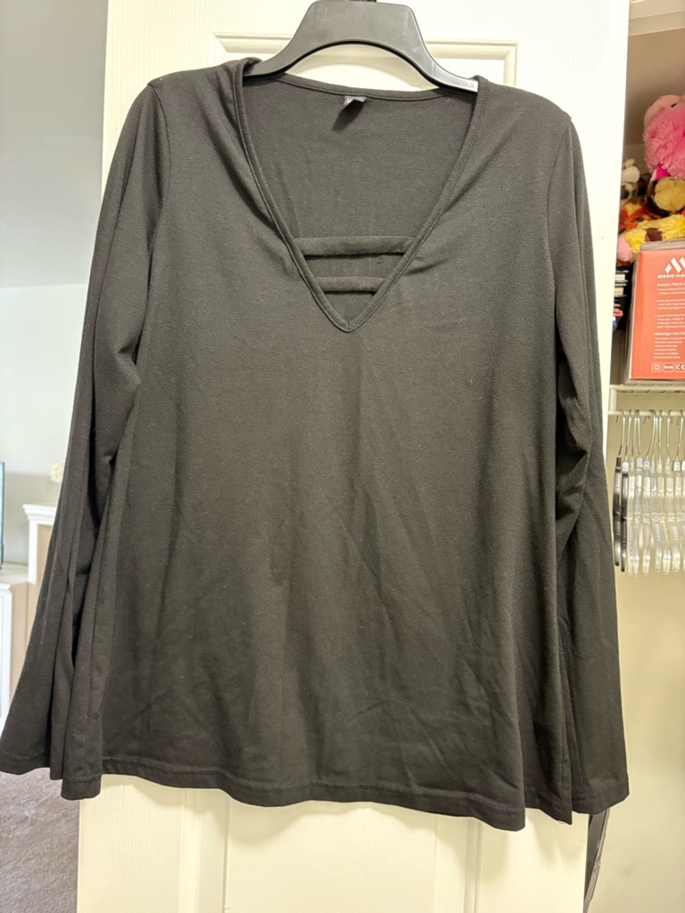 SHEIN Black Long Sleeve V-Neck Top with Double Ladder Detail